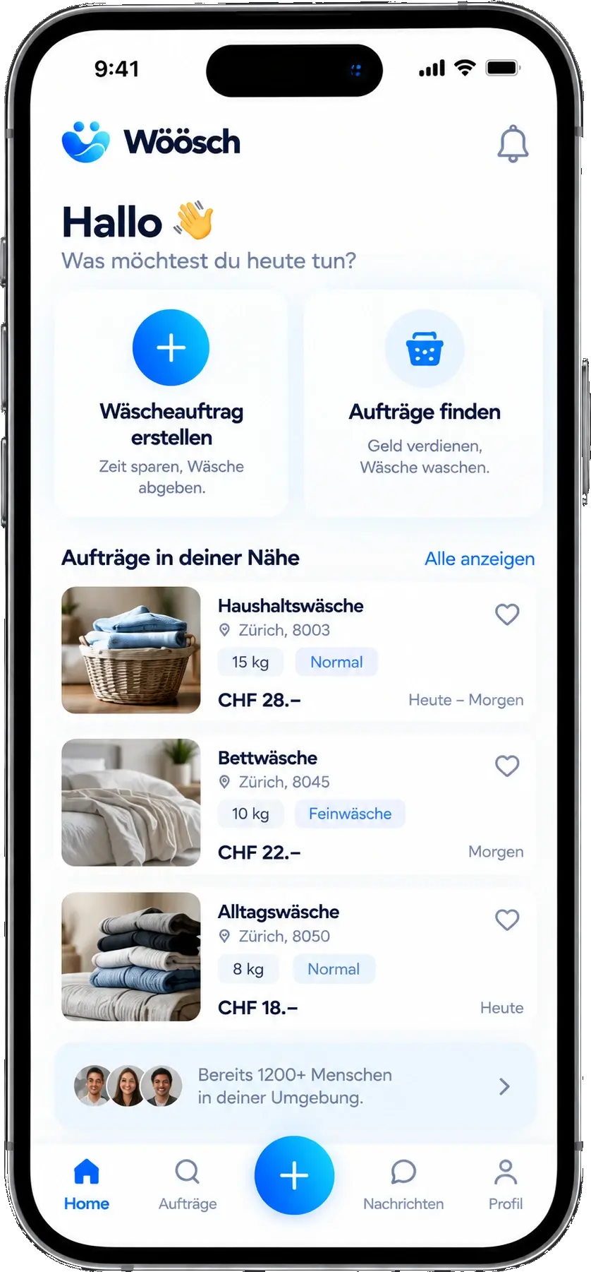 Wöösch-App-Entwurf mit Wäscheaufträgen und beispielhaften Angeboten in der Nähe